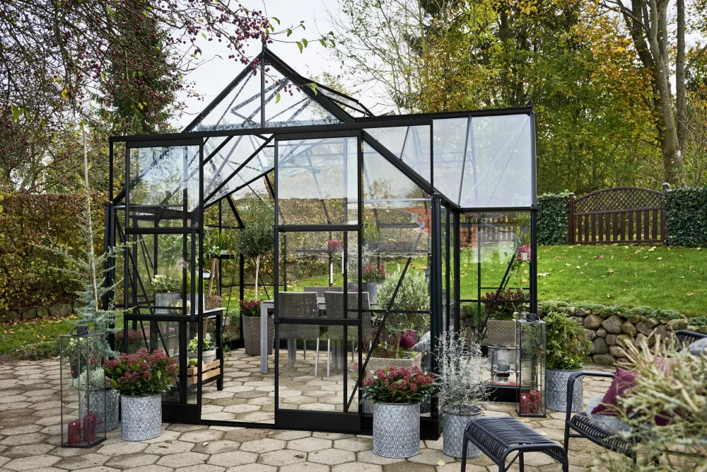 Halls Garden Room + F06482 Växthus med fundament, 12,9 m², svart