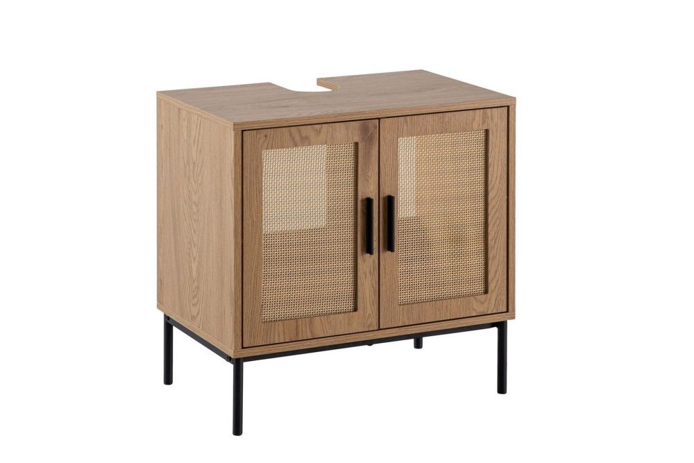 Tvättställsskåp Wohnling melaminbelagd MDF, ek-optik, rottingfront, metallben, modern loftstil 2 dörrar