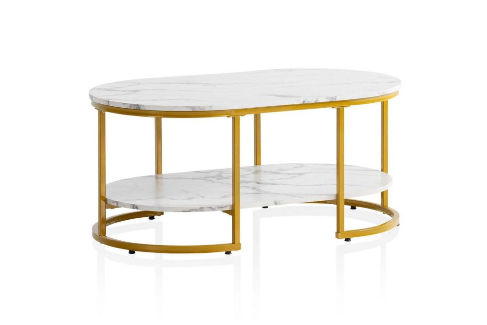 Soffbord Wohnling marmorutseende ovalt 100 cm med förvaringshylla, Bauhaus-stil Marmor Vit