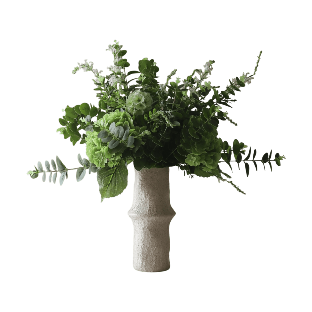 Deep Green konstgjord bukett, Hortensia-vildblommor-eukalyptus-väddkvist 15 st
