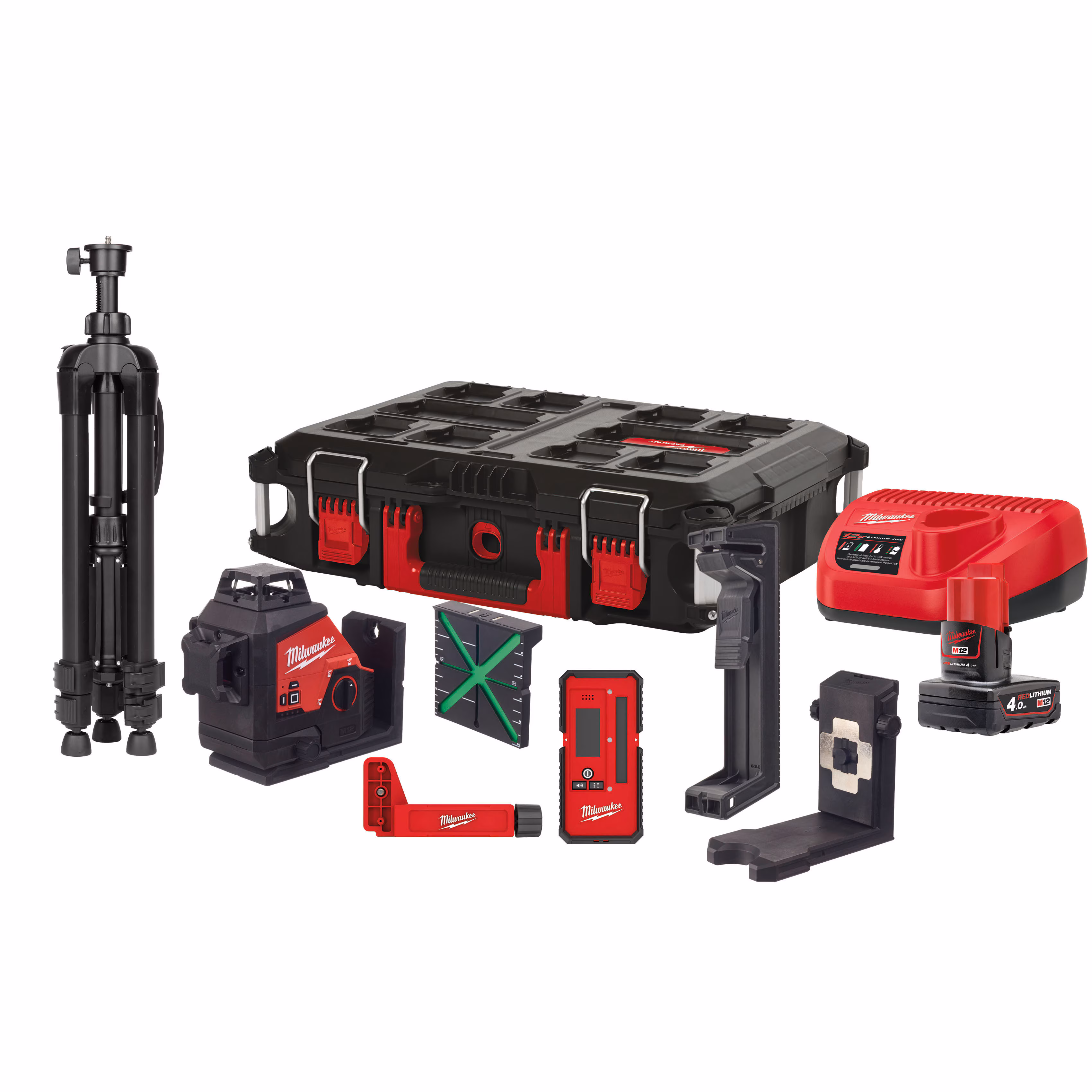 Kjøp Milwaukee Trepunktslaser, M12 3PLKIT-401P, inkl. 4 Ah batteri og lader.