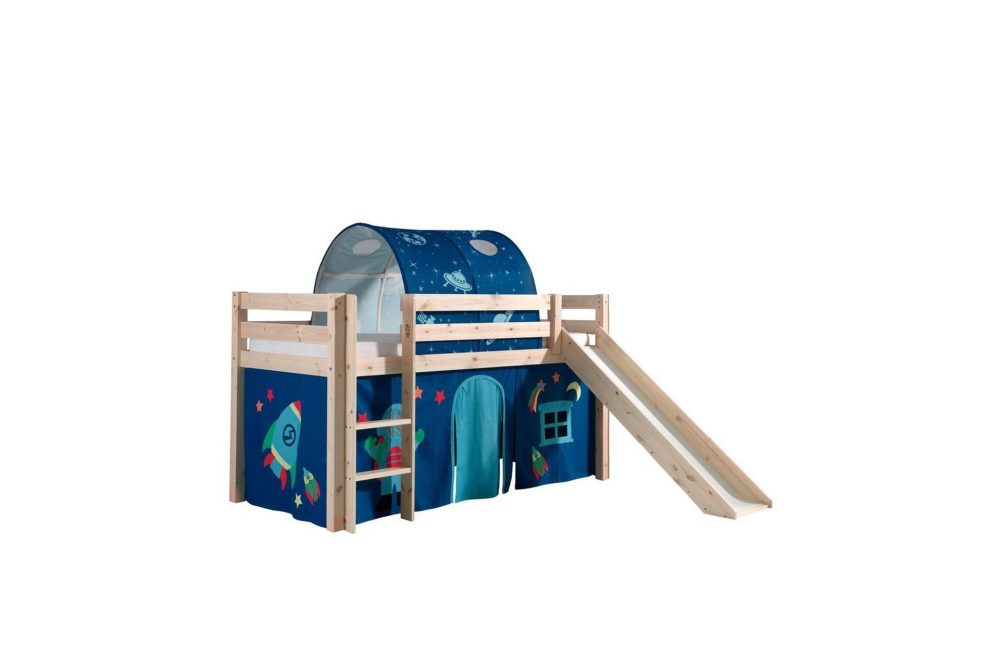 Halvhöjdssäng med gardin Pino Astro Naturlig, Naturlig, Med rutschkana, Med tunnel, Inga fickor
