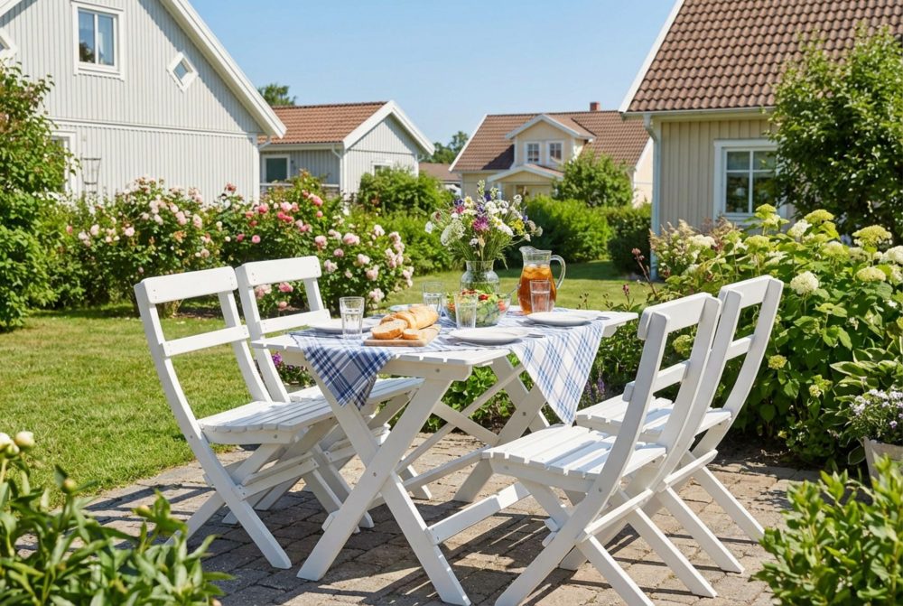 Landet Utomhus matgrupp 118x70x74 cm med 4 klappstolar
